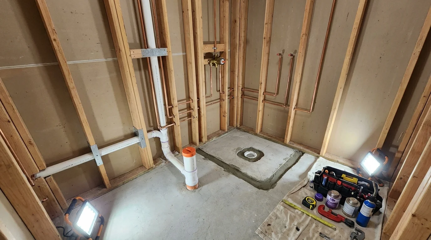 Bathroom rough-in plumbing during remodel by Johns Plumbing LLC in Griggsville