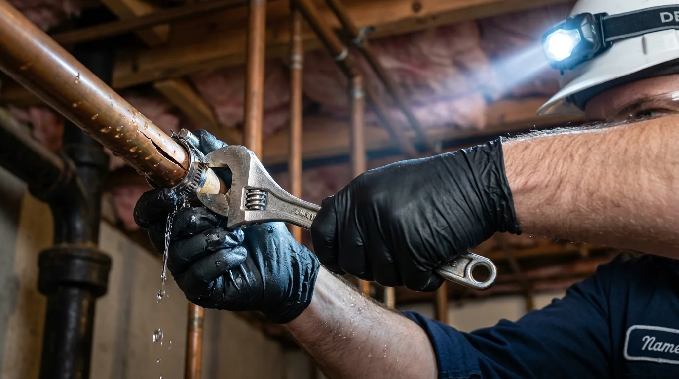 Emergency pipe clamp repair being performed by a Johns Plumbing LLC plumber in Griggsville
