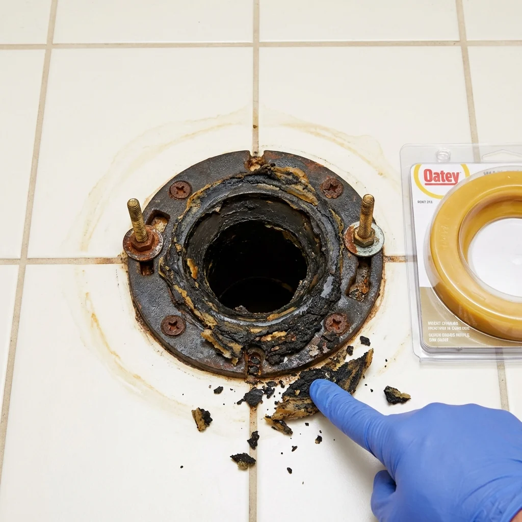 Failed wax ring showing water seepage at the base of a toilet in a Griggsville, IL home