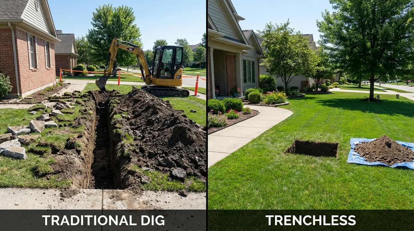 Trenchless sewer repair with minimal yard damage versus traditional excavation in Griggsville, IL