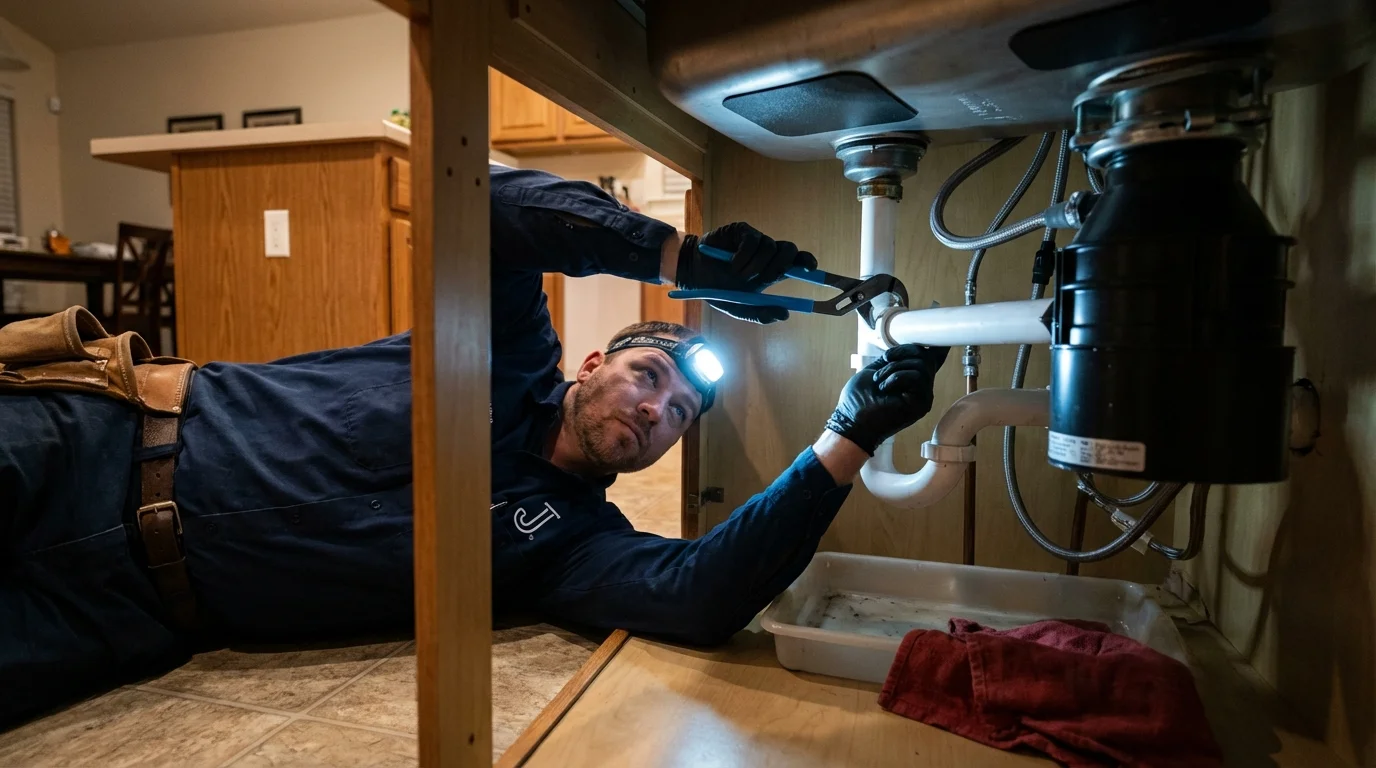 P-trap and supply line connections under a kitchen sink showing a common leak point in Griggsville, IL